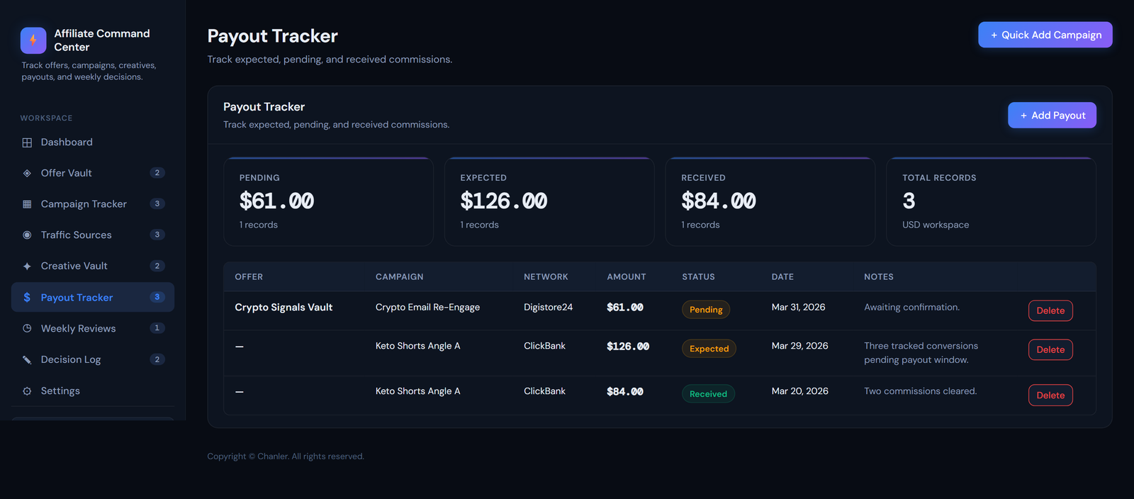Payout Tracker Starter screenshot